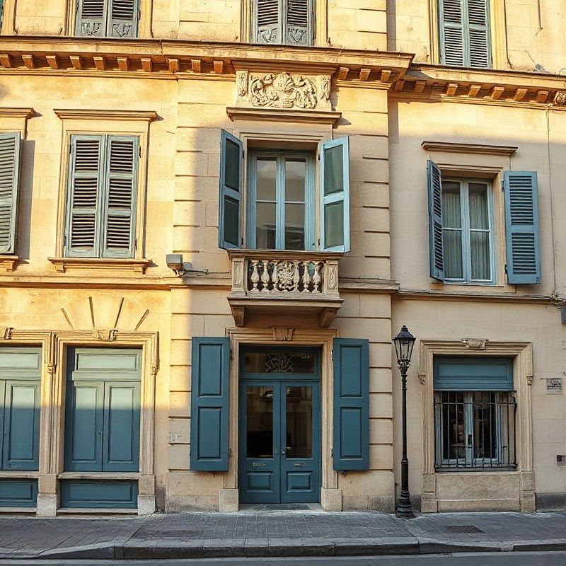 Façade haussmannienne en pierre crème avec volets bleu ardoise, centre de Montpellier