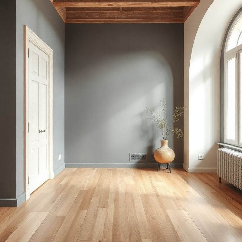 Intérieur d'appartement montpelliérain lumineux, murs gris ardoise et parquet chêne