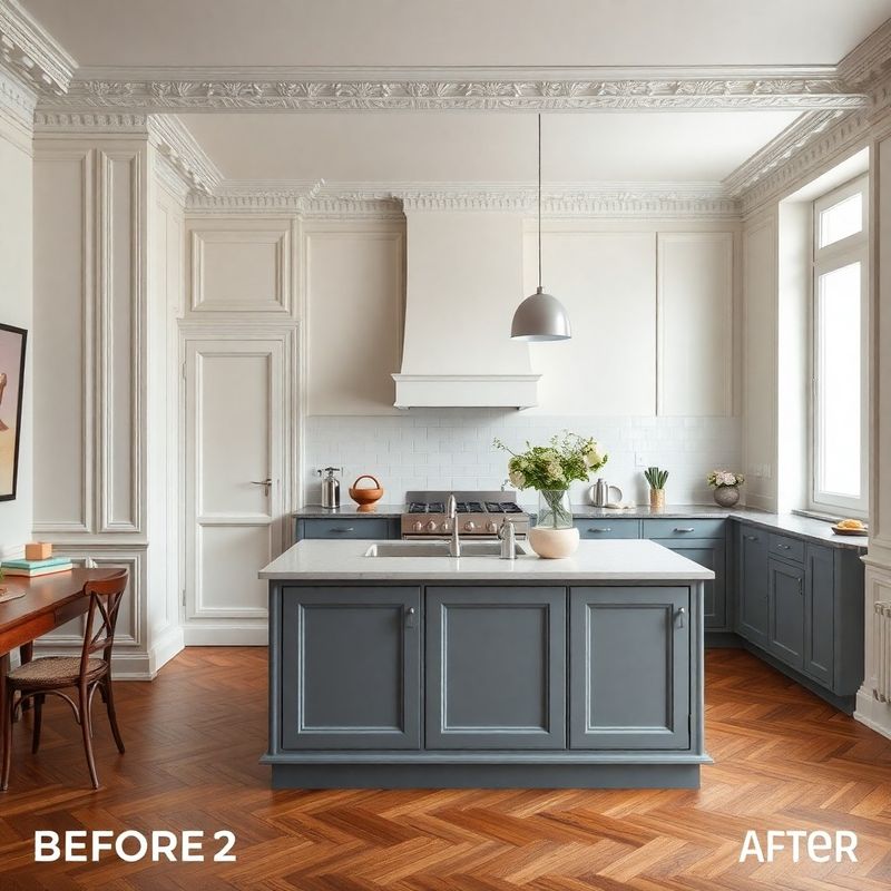 Appartement haussmannien rénové avec moulures conservées et cuisine moderne gris ardoise