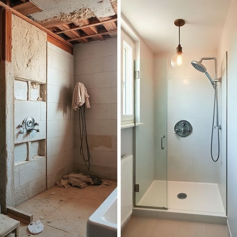 Diptyque avant/après d'une salle de bain, démolition à gauche et douche finie à droite