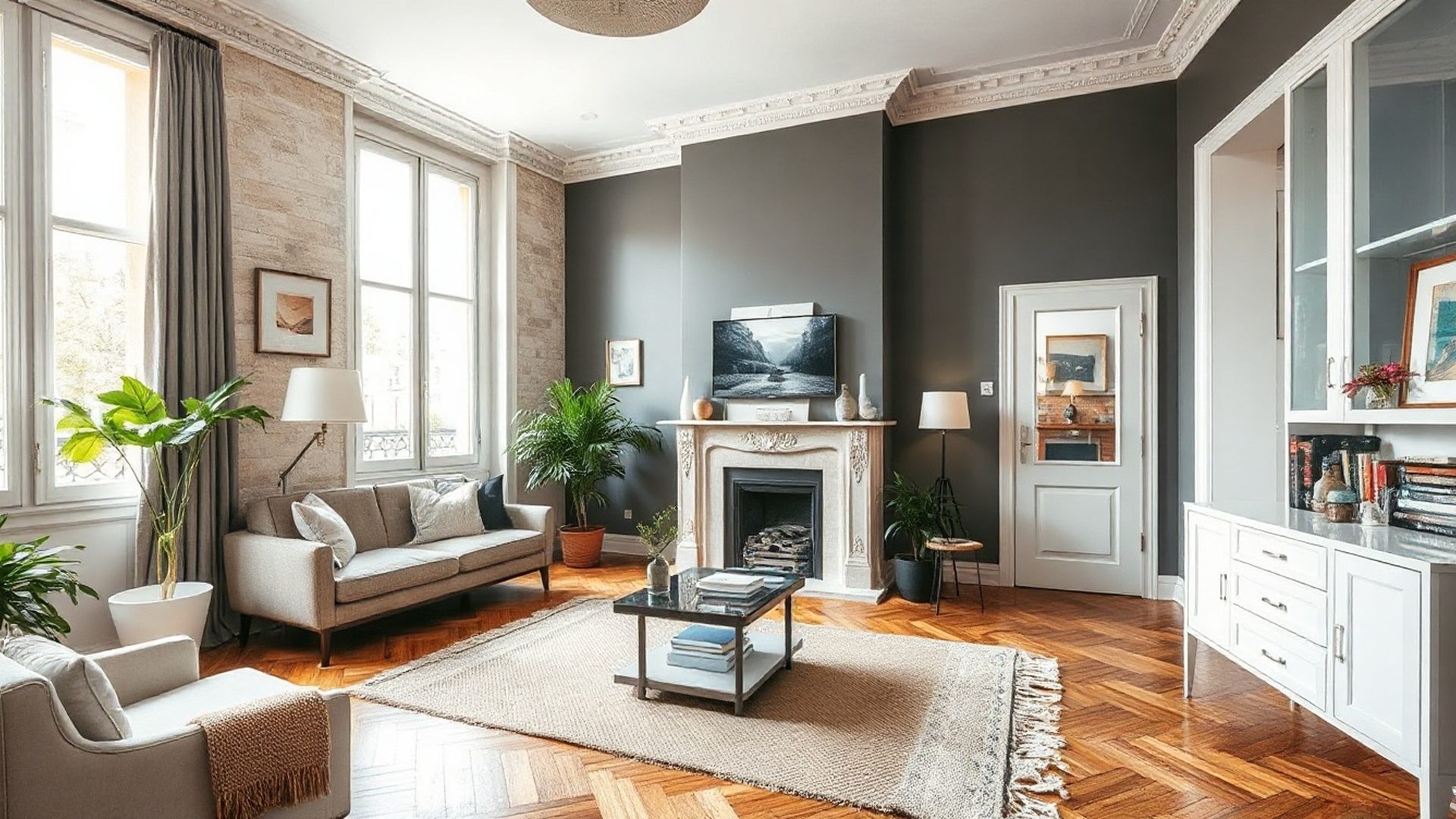 Salon d'appartement montpelliérain rénové avec mur d'accent gris ardoise et parquet chêne