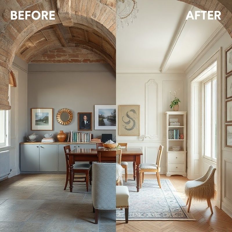 Diptyque avant/après d'un studio rénové à Montpellier, finition gris ardoise et chêne clair
