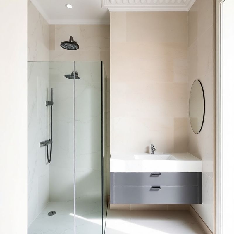 Douche à l'italienne grand format marbre blanc, meuble suspendu gris ardoise